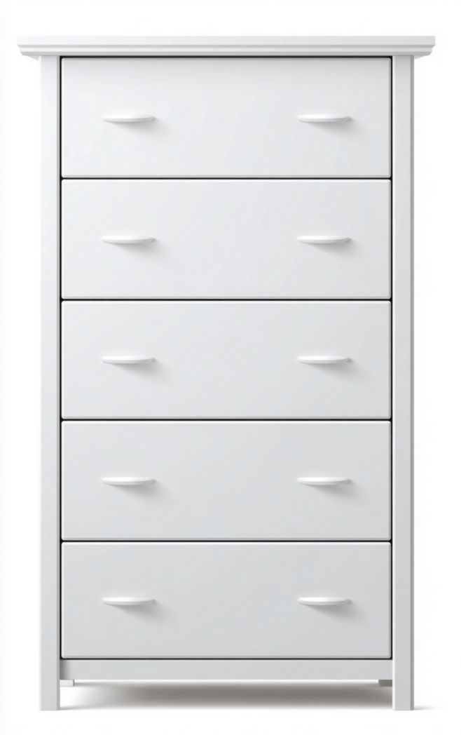Commode en bois blanc à cinq tiroirs verticaux