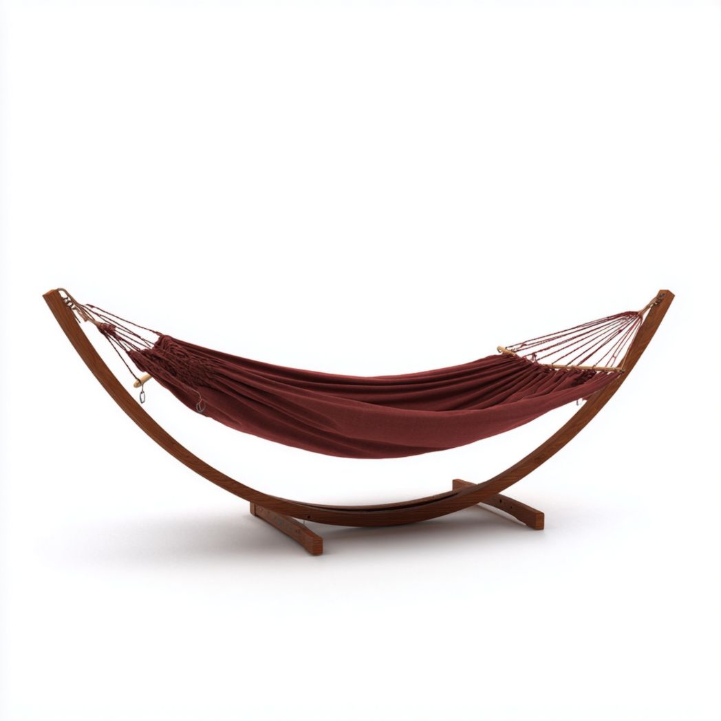 Hamac en tissu brun rouge avec support en bois courbé