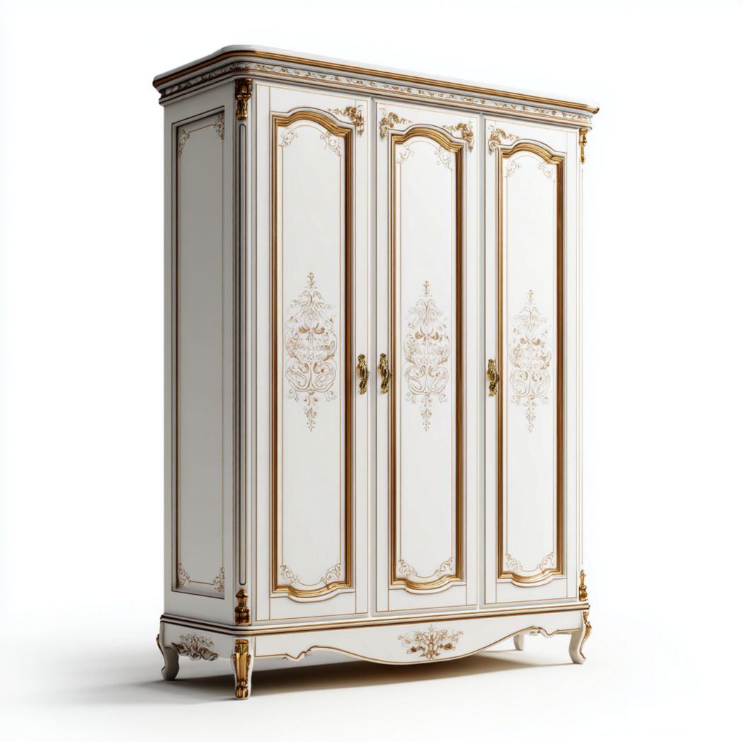 Armoire en bois blanche trois portes avec décorations dorées sans tiroir