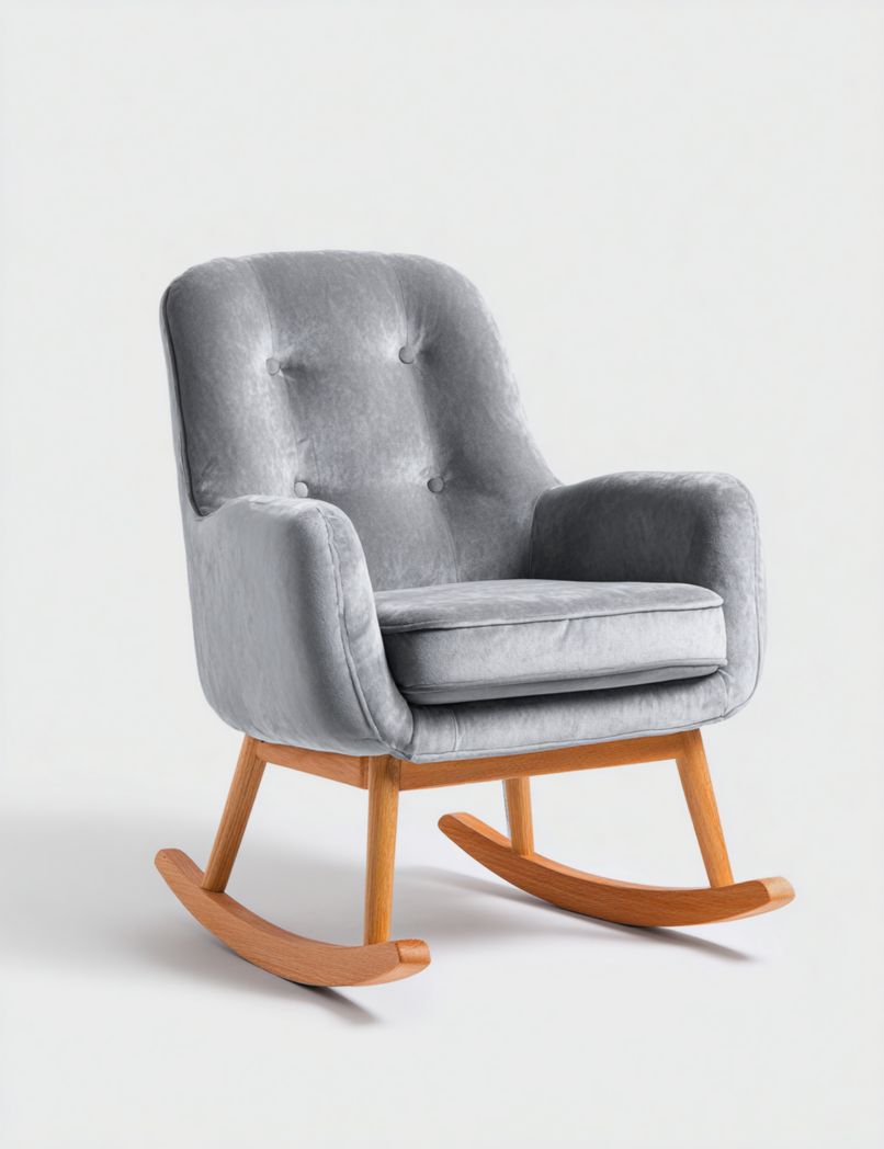 Fauteuil à bascule en tissu gris avec coussin d’assise et dossier capitonné, structure en bois
