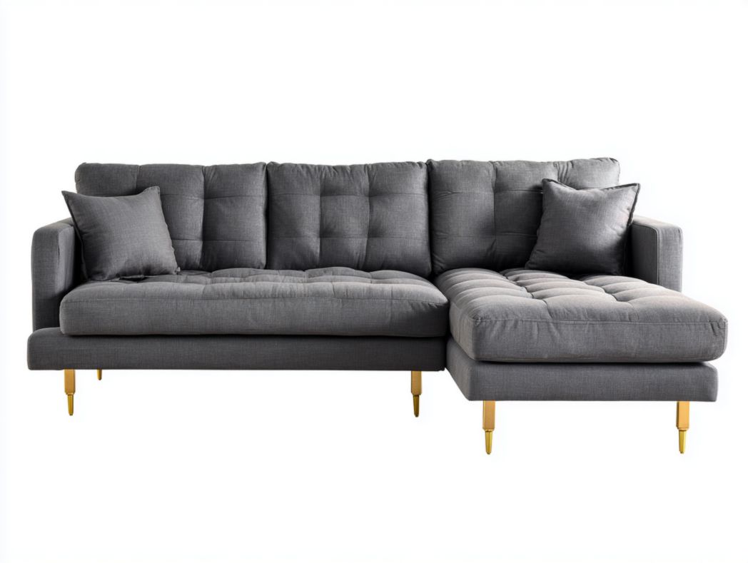 Canapé d’angle tissu gris foncé 3 dossiers 2 coussins pieds métal