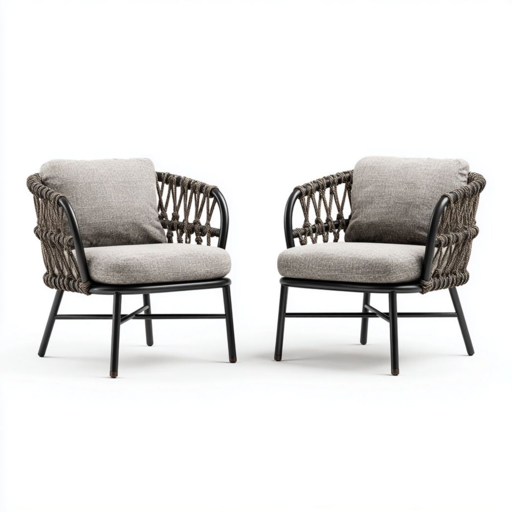 Lot de 2 fauteuils métal noir corde avec 2 coussins d’assise et 2 coussins de dossier