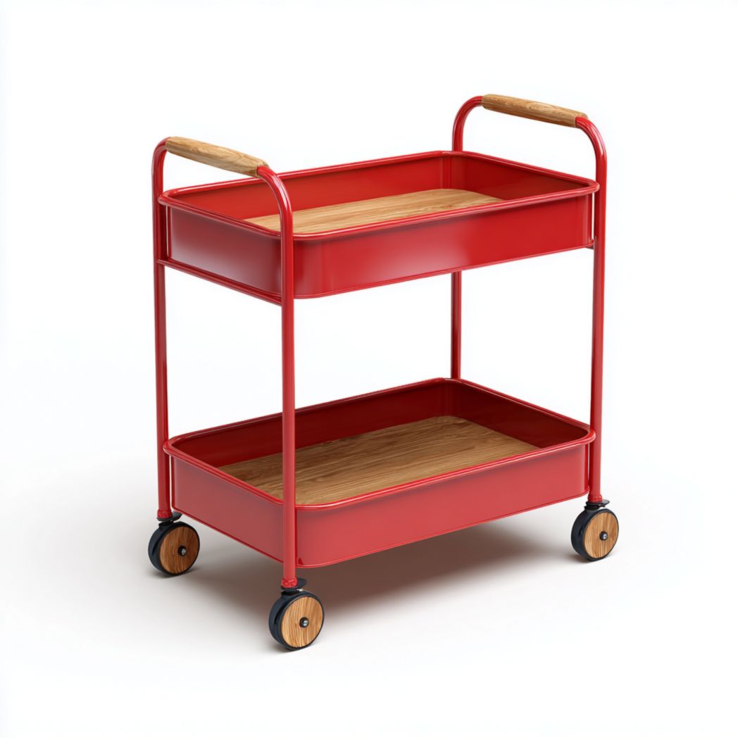 Desserte de jardin en métal rouge et bois à deux niveaux