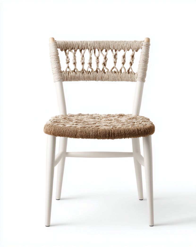 Chaise de jardin en bois blanc avec dossier et assise en fibres tressées