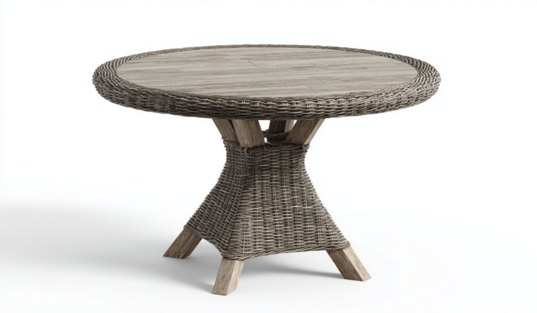 Table de jardin ronde plateau aspect bois gris et structure tressée en résine