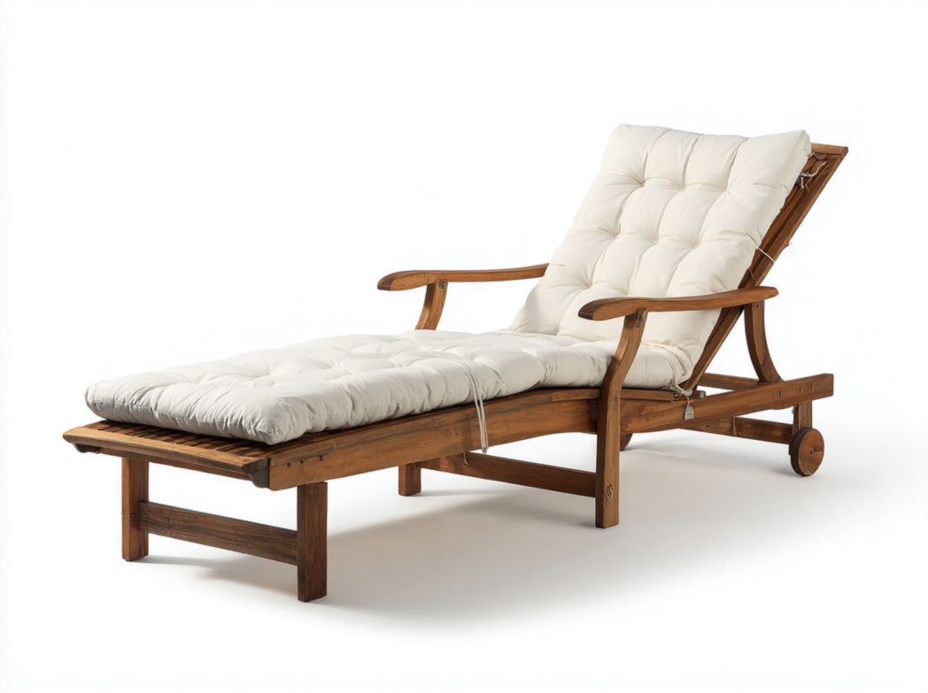 Chaise longue en teck avec coussin épais blanc et roulettes