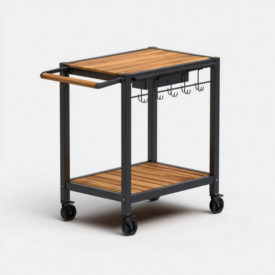 Desserte de jardin en métal noir et bois à deux niveaux avec crochets et roulettes