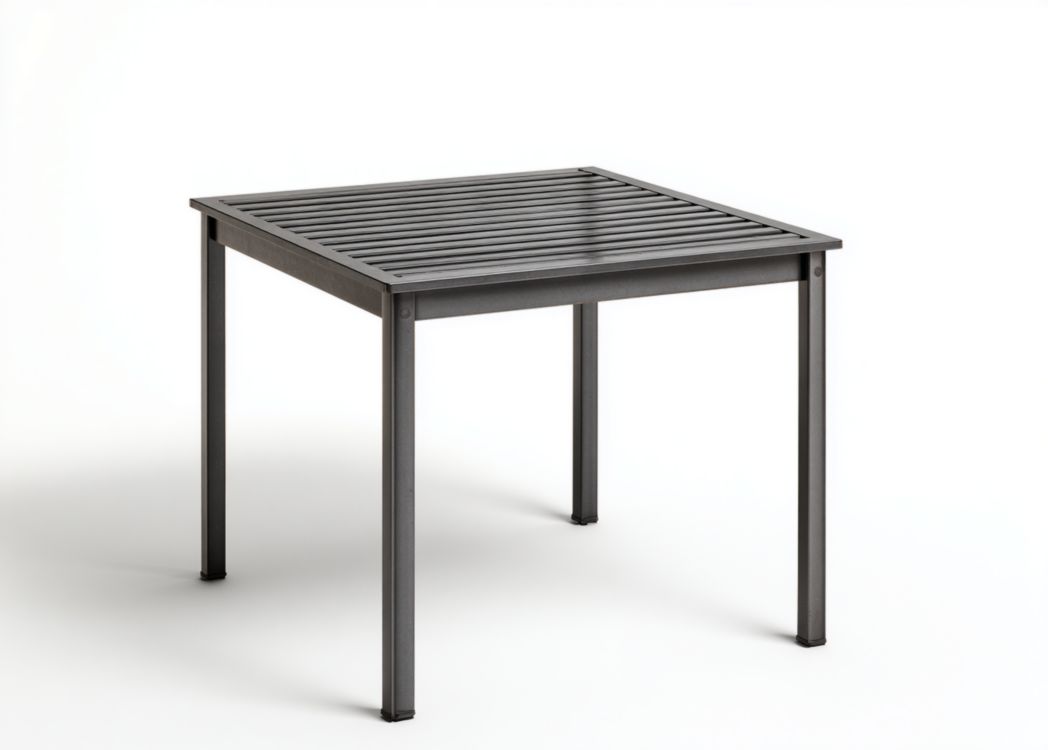 Table de jardin carrée en aluminium gris foncé avec plateau à lattes