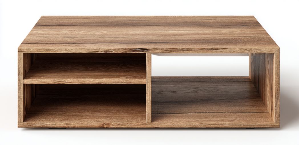 Table basse rectangulaire ouverte en chêne couleur bois naturel avec séparation à deux niveaux sans tiroirs ni portes