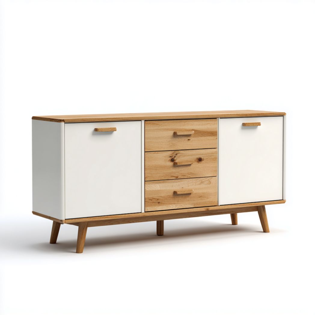 Buffet en bois et blanc, 2 portes et 3 tiroirs, meuble rectangulaire avec pieds inclinés en bois