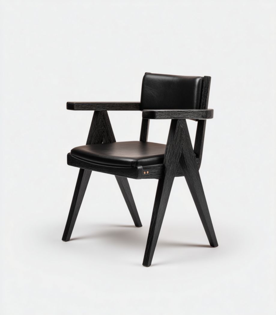 Chaise en bois noir avec accoudoirs et assise en cuir rembourrée