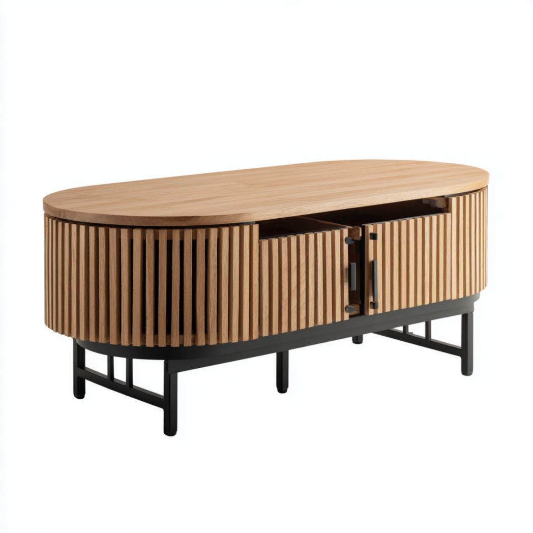 Table basse ovale en bois avec portes à lames et base en méta