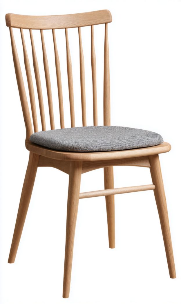 Chaise en bois naturel avec dossier à barreaux et assise en tissu gris