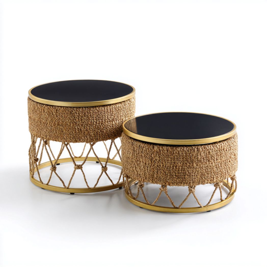Ensemble de 2 tables basses rondes verre noir cadre doré et corde naturelle