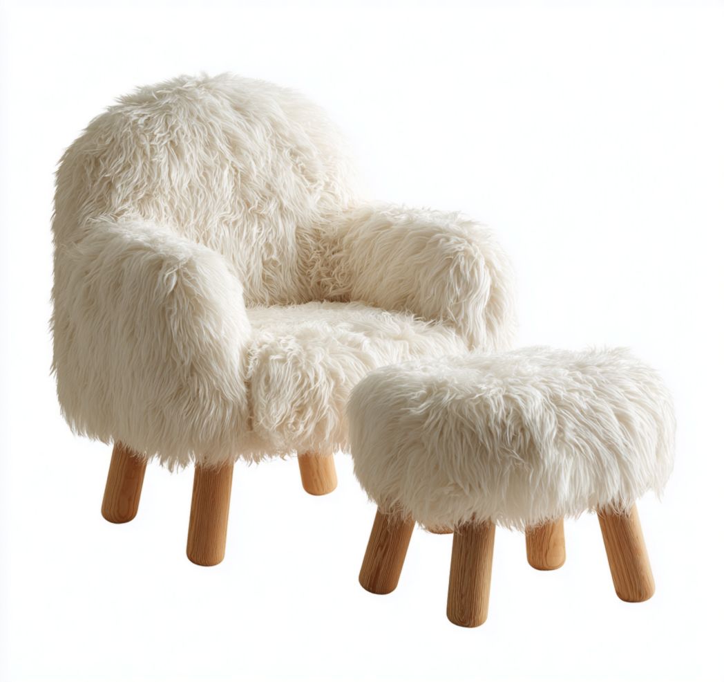 Fauteuil en fourrure synthétique blanche avec repose-pieds pieds en bois