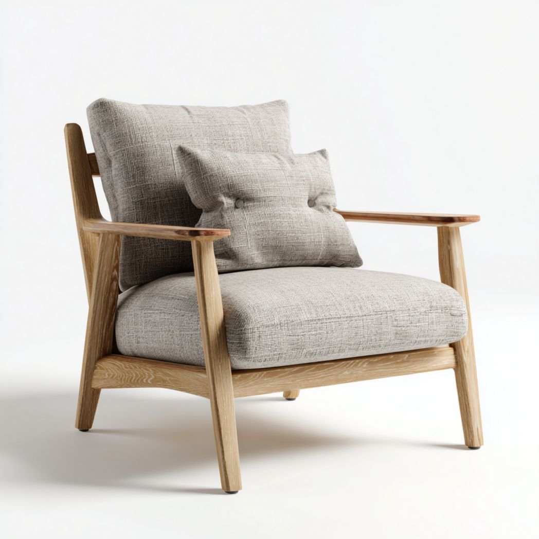 Fauteuil en bois massif avec coussin d’assise et deux coussins de dossier gris