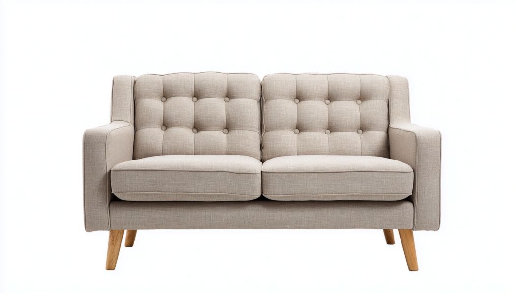 Canapé 2 places en tissu beige avec dossier capitonné et pieds en bois