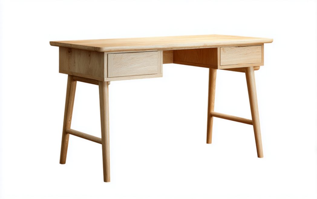 Bureau en bois naturel, plateau rectangulaire, deux tiroirs et un compartiment ouvert, quatre pieds en bois