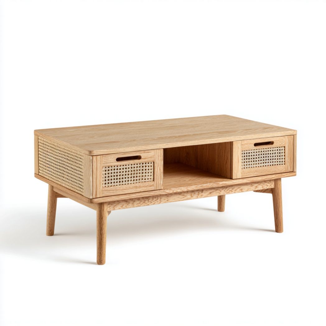 Table basse rectangulaire en bois avec tiroirs en rotin