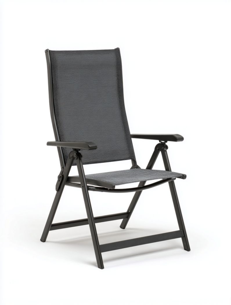 Chaise de jardin pliante en aluminium noir avec assise et dossier en textile gris