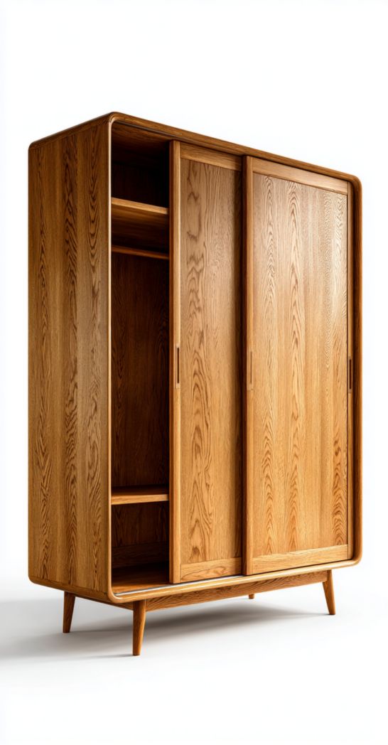 Armoire coulissante en bois à deux portes en chêne avec pieds verticaux