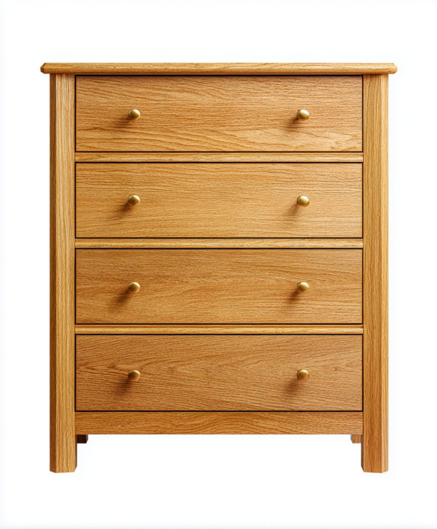 Commode en bois à quatre tiroirs avec poignées rondes en métal