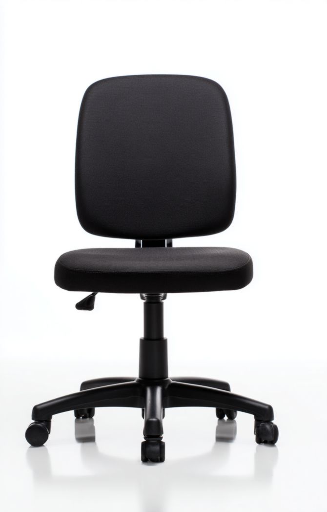 Chaise de bureau en tissu noir, dossier rectangulaire, base à cinq branches avec roulettes