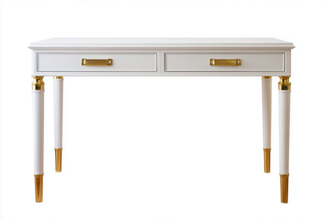 Bureau en bois blanc, deux tiroirs, pieds coniques avec finitions dorées