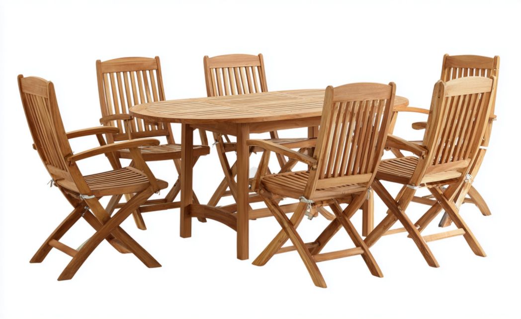 Ensemble de jardin 7 pièces en teck avec table rectangulaire pliante et chaises pliantes
