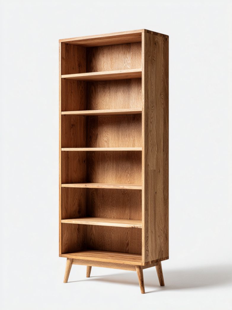 Bibliothèque à six niveaux en chêne, couleur bois naturel, forme rectangulaire