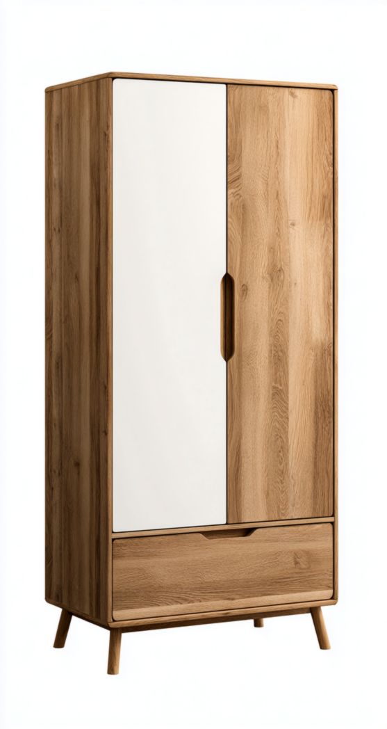 Armoire en bois deux portes un tiroir design bicolore bois naturel et blanc