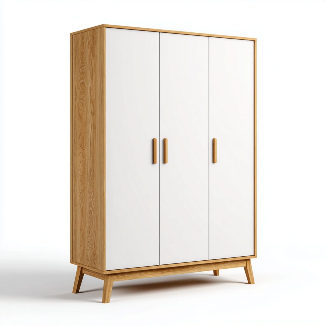 Armoire en bois trois portes finition blanche et chêne clair
