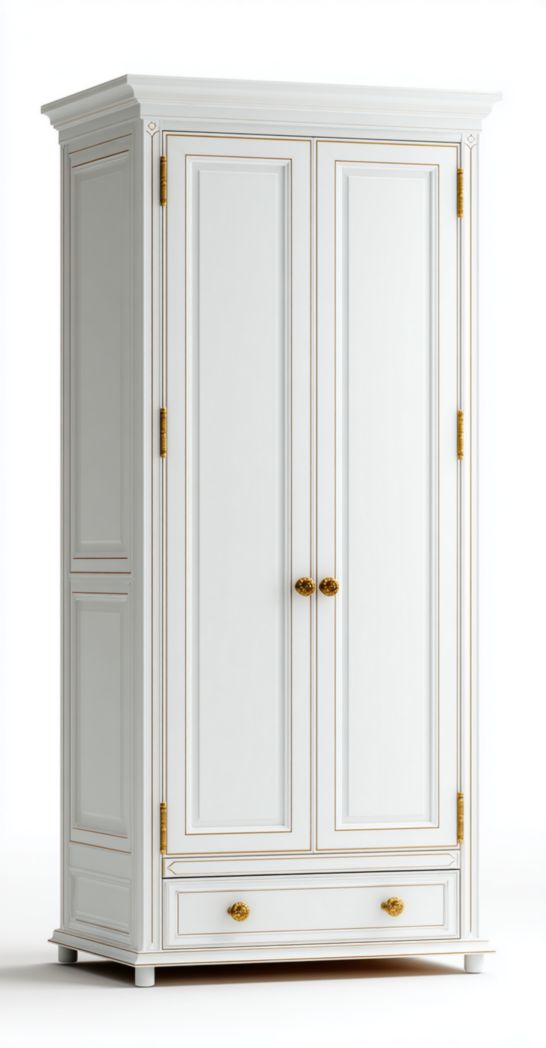 Armoire en bois blanche deux portes un tiroir avec détails dorés
