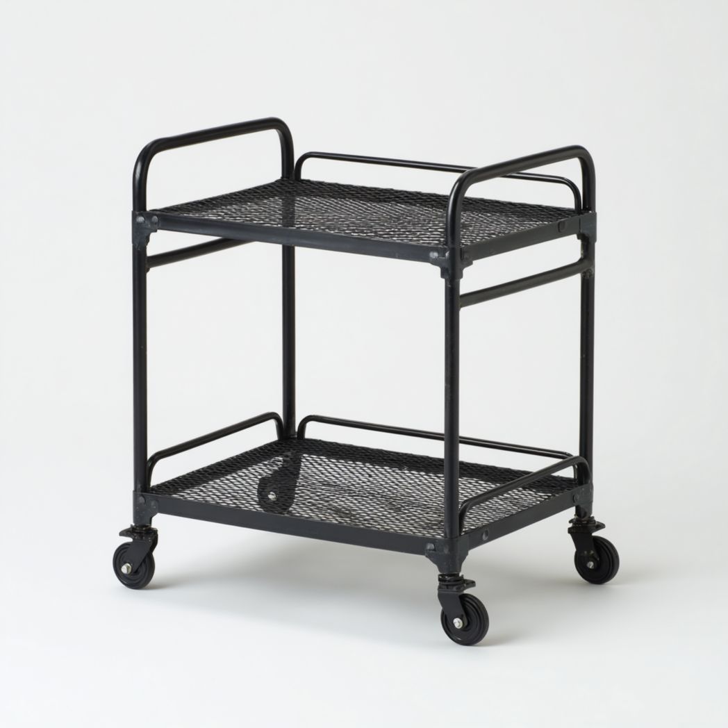 Desserte de jardin en métal noir à deux niveaux avec étagères en grille et roulettes