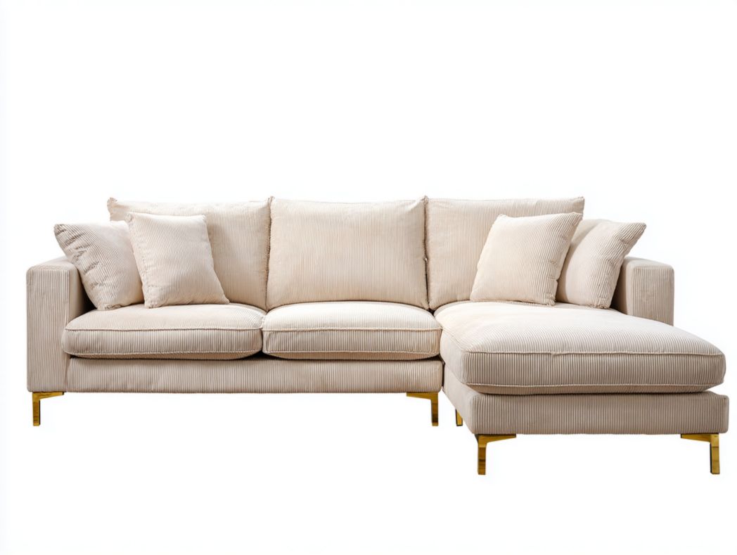 Canapé d’angle tissu beige 3 dossiers 4 coussins pieds métal