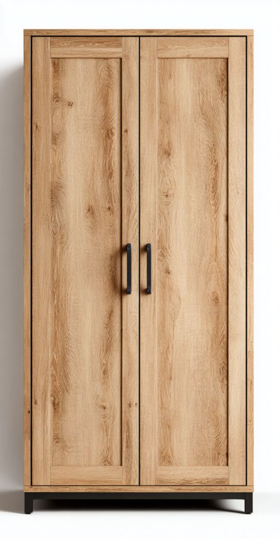 Armoire en bois couleur chêne deux portes sans tiroir avec poignées métalliques noires