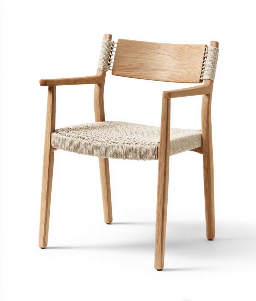 Chaise en chêne avec dossier en bois et assise tressée beige clair