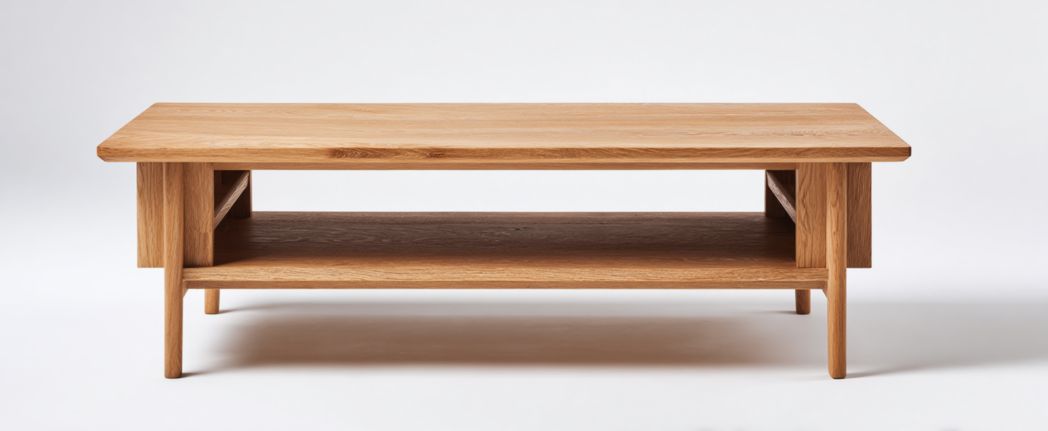 Table basse rectangulaire en chêne couleur naturelle avec étagère ouverte sans tiroirs ni portes