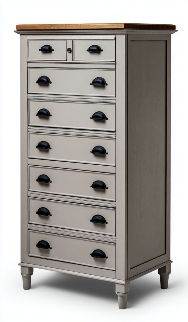 Commode à huit tiroirs en bois gris avec poignées semi-circulaires noires et plateau en bois