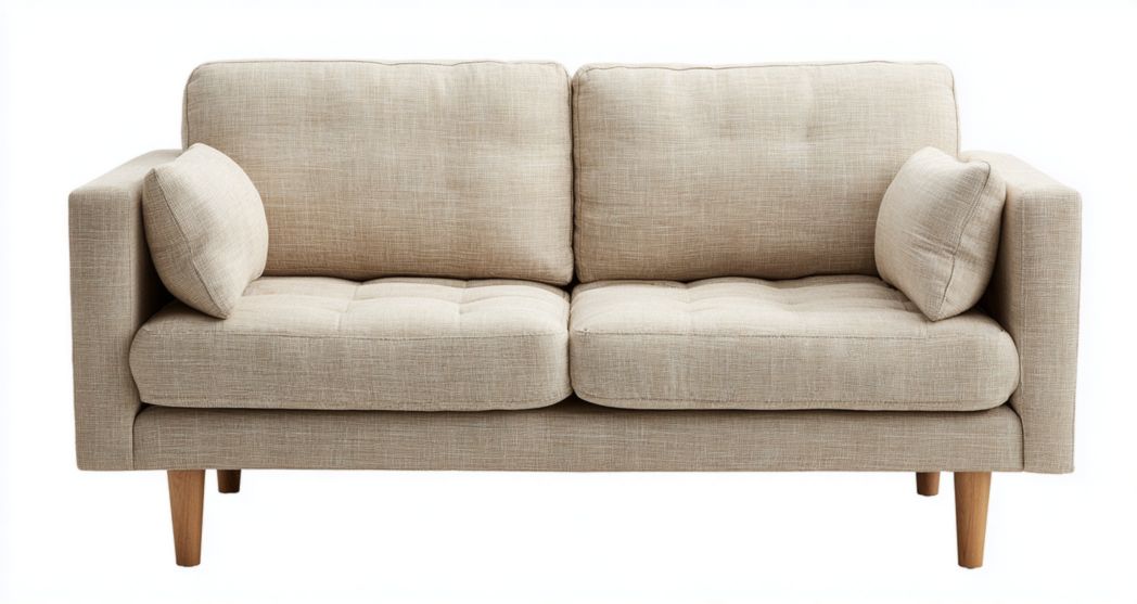 Canapé 2 places en tissu beige clair avec accoudoirs droits, pieds en bois et coussins