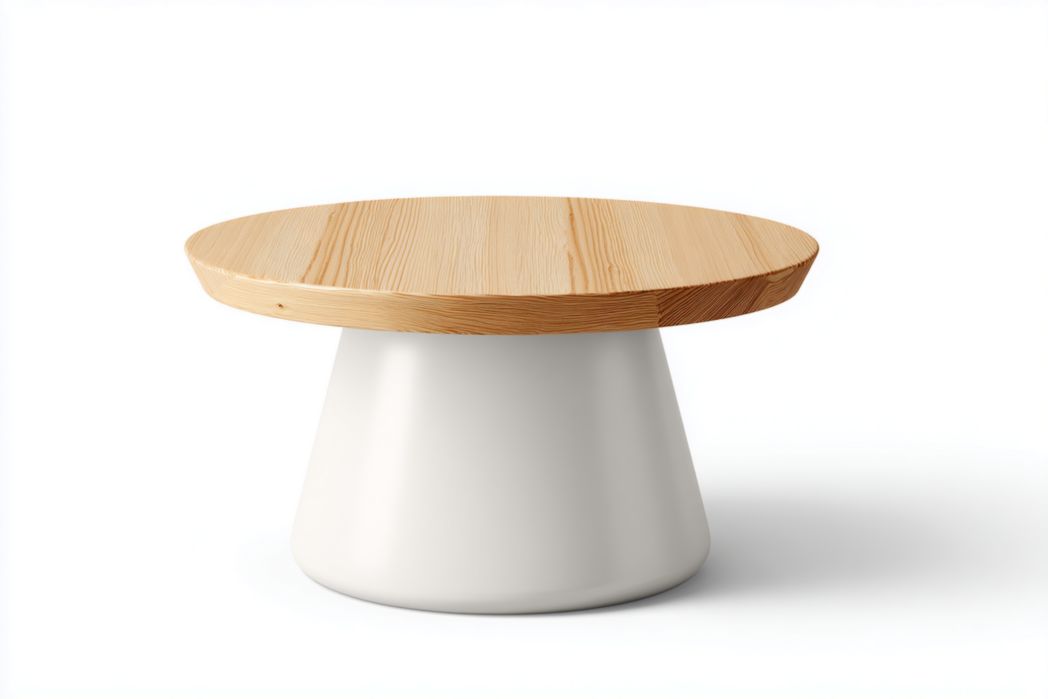 Table basse ronde en bois avec base en céramique blanche