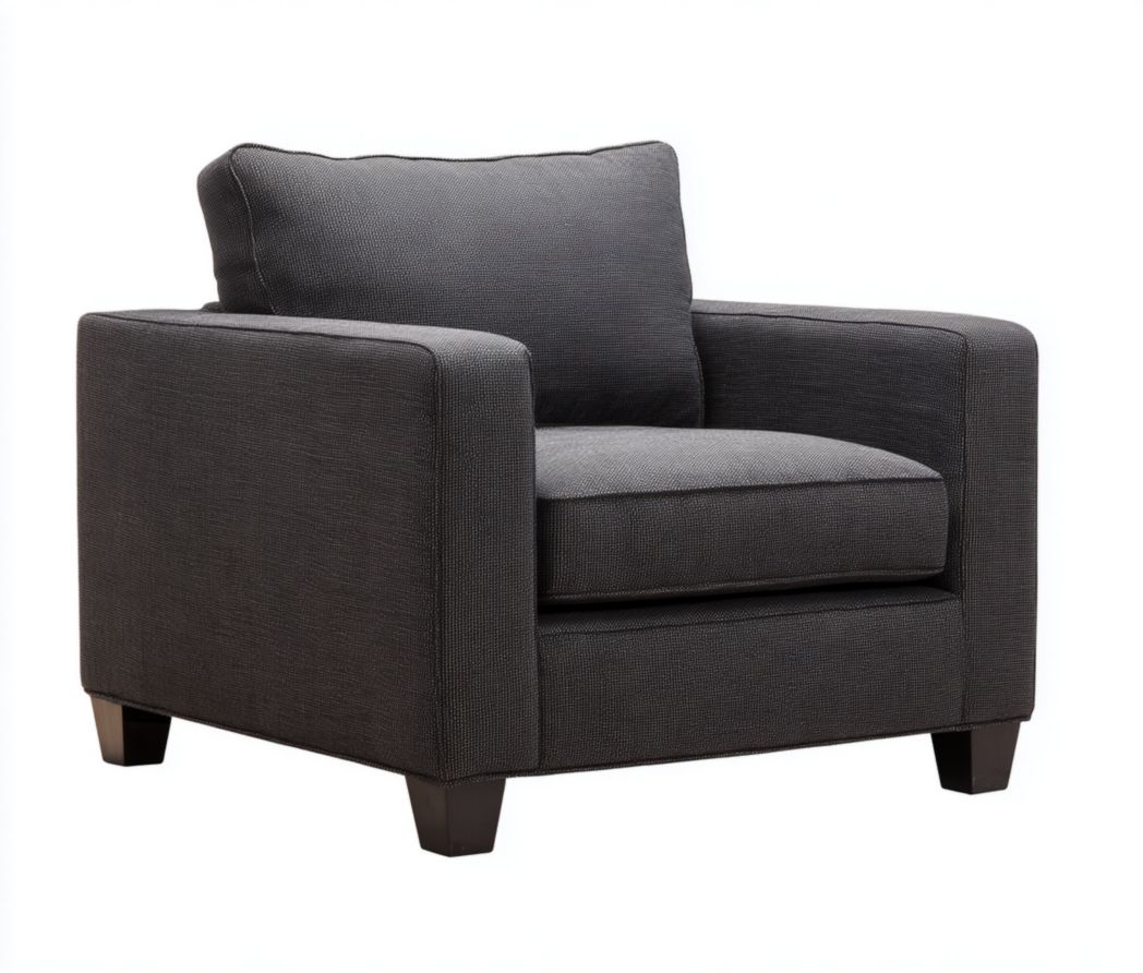 Fauteuil en tissu gris foncé avec coussin d’assise et dossier, pieds en bois