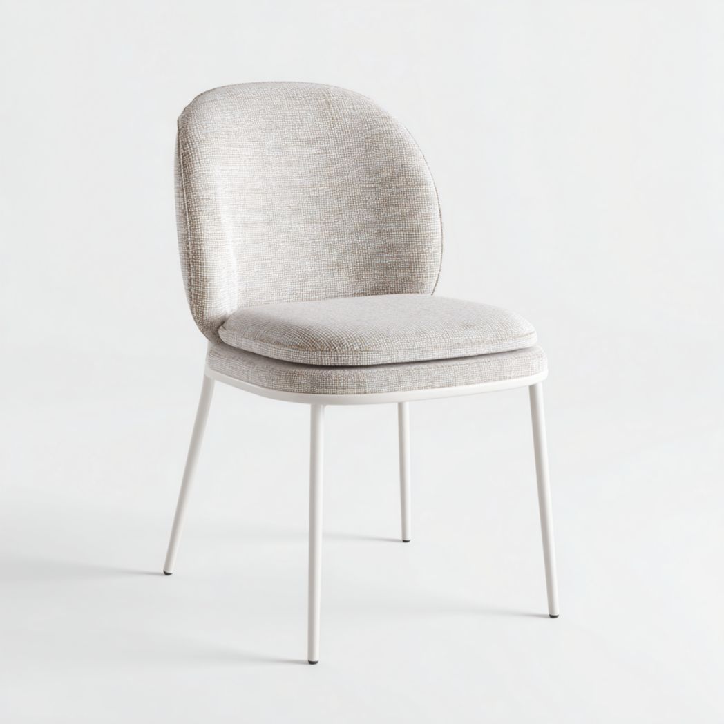 Chaise de salle à manger en tissu beige clair avec dossier arrondi, coussin amovible et pieds en métal blanc