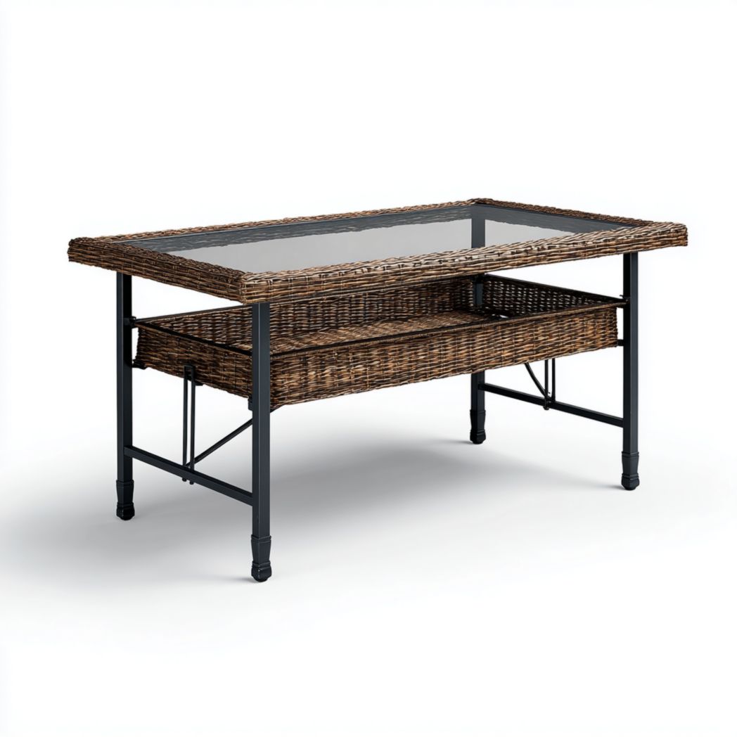 Table basse rectangulaire en rotin brun avec plateau en verre
