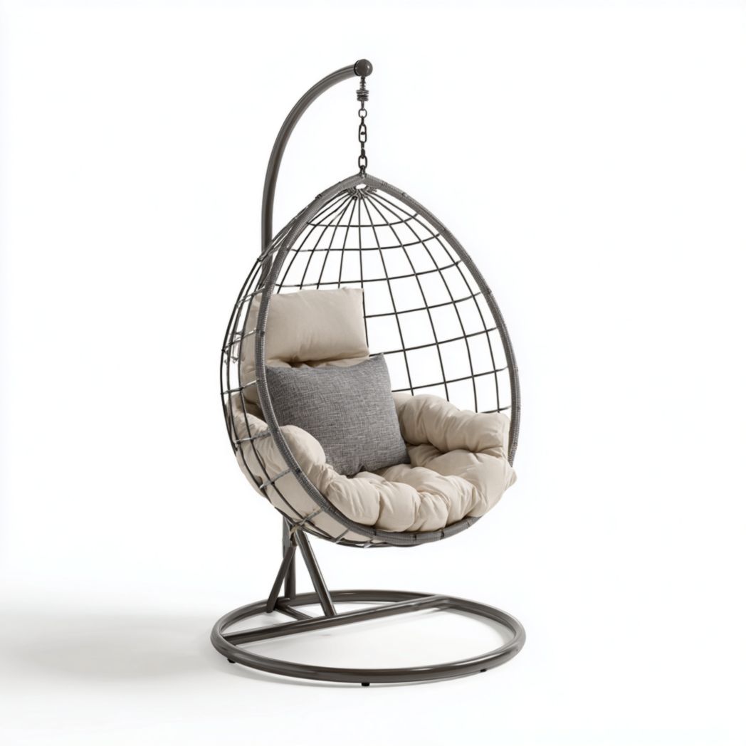 Fauteuil suspendu œuf en métal gris foncé avec coussin d’assise et deux coussins