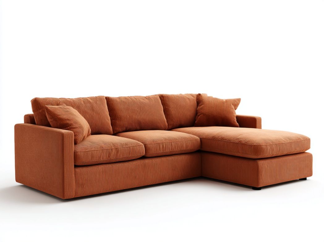 Canapé d’angle en velours côtelé orange brûlé, méridienne droite, 4 dossiers et 2 coussins