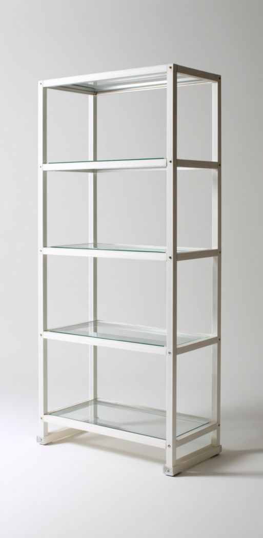 Étagère à quatre niveaux en verre avec cadre métallique blanc