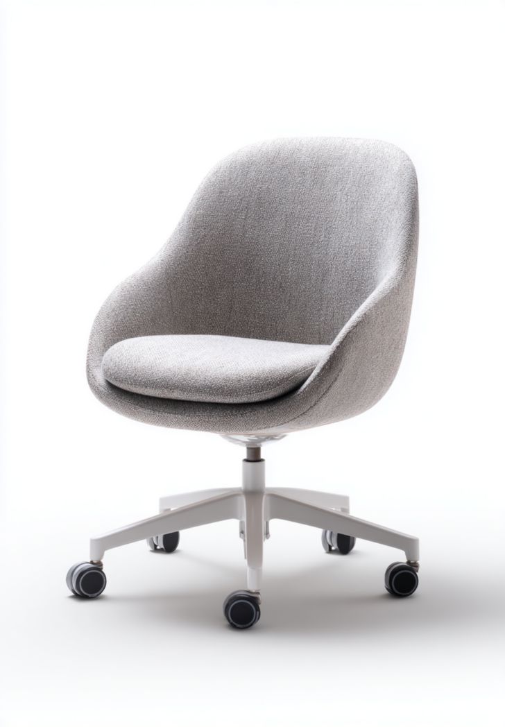 Chaise de bureau en tissu gris, dossier et assise courbes, base blanche à cinq branches avec roulettes