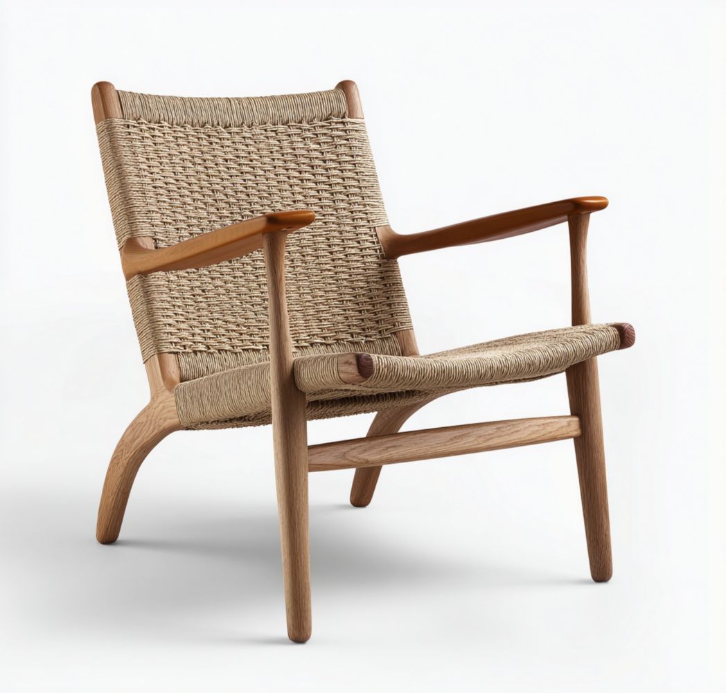 Fauteuil en bois avec assise et dossier en rotin tressé, couleur naturelle