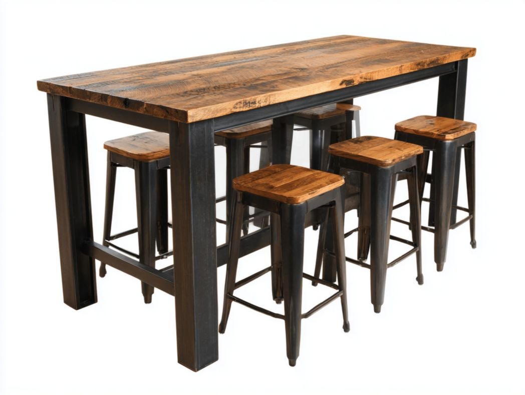 Ensemble mange debout industriel table rectangulaire bois et 6 tabourets métal